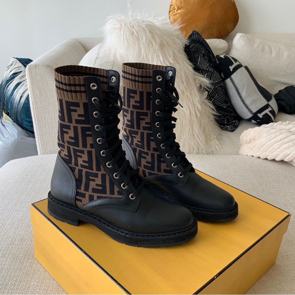 Authentic Fendi Rockoko Knit Leather Combat Boots size EU 37/US6.5